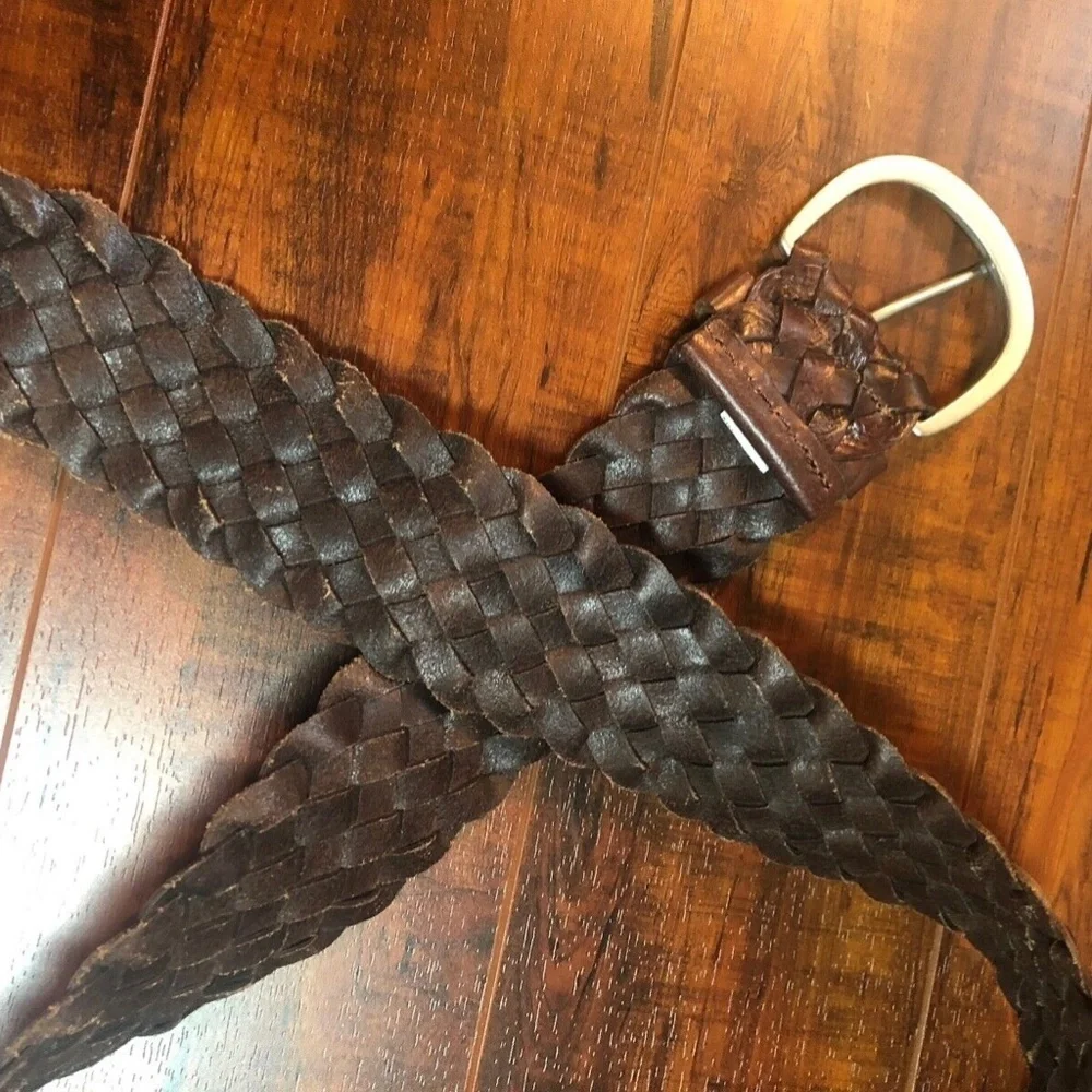 VINTAGE 90s M/L BoHo Hippie Brown Woven Leather Floral Filagree Buckle Belt